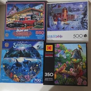 4 Puzzle Lot - Drive-ins Diners 550, Seascapes 700, Country Life 500 & Garden Me